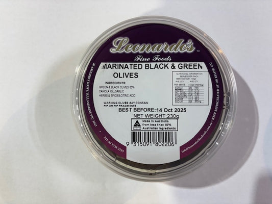 LEONARDO'S FINE FOODS MARINATED BLACK & GREEN OLIVES 230g