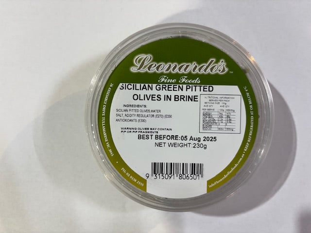 LEONARDO'S FINE FOODS SICILIAN GREEN PITTED OLIVES IN BRINE 230g