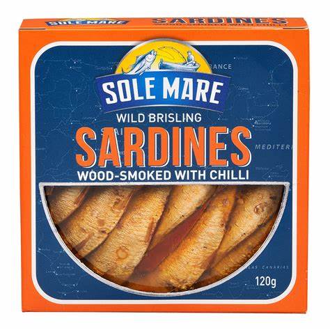 SOLE MARE WILD BRISLING SARDINES WOOD-SMOKED WITH CHILLI 120g